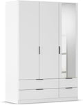 Rauch Möbel Lagoa, armario, ropero para dormitorio, habitación infantil, habitación juvenil de 3 puertas con espejo, 4 cajones, con accesorios Basic, color blanco, ancho 136 cm