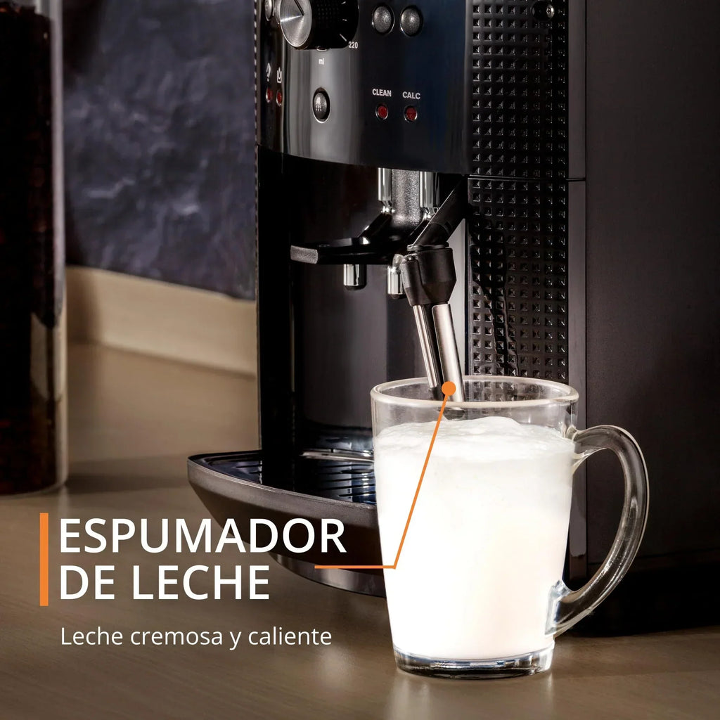 2025 Krups Essential - Cafetera superautomática, 15 bares de presión, molinillo cónico de metal, con selección de cantidad e intensidad de café, 1,7 l, 1 taza, acero, pantalla LCD + accesorios para leche