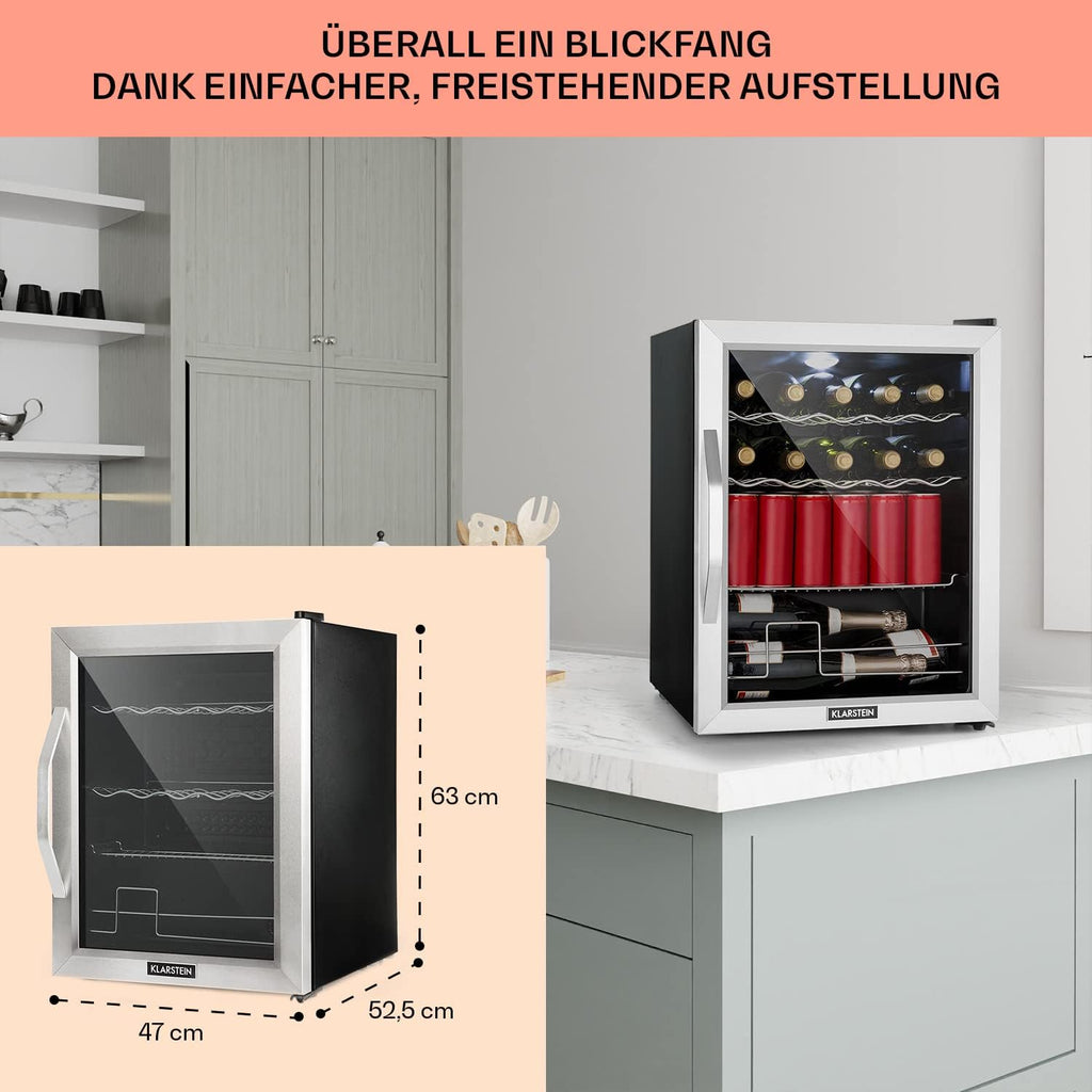 Mininevera Klarstein con puerta de cristal para habitaciones, refrigerador de bebidas con estantes ajustables, pequeño de 80 litros, frigorífico silencioso para interiores/exteriores