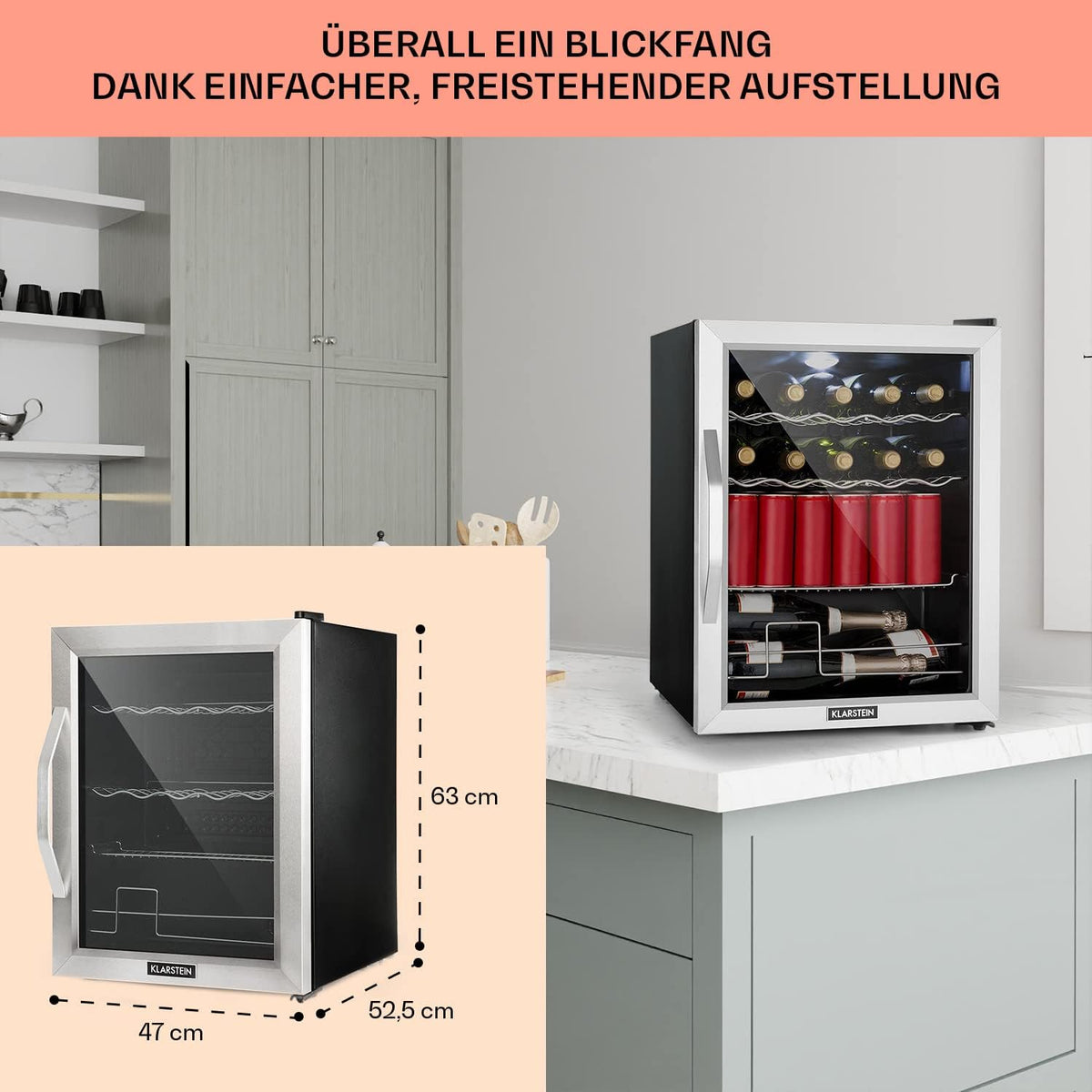 Mininevera Klarstein con puerta de cristal para habitaciones, refrigerador de bebidas con estantes ajustables, pequeño de 80 litros, frigorífico silencioso para interiores/exteriores