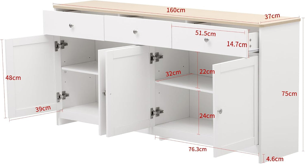 Aparador Ymkua, buffet, cómoda para salón y comedor, armario de almacenamiento con 4 puertas y 3 cajones, armario de salón moderno, 160x37x75 cm, madera y blanco