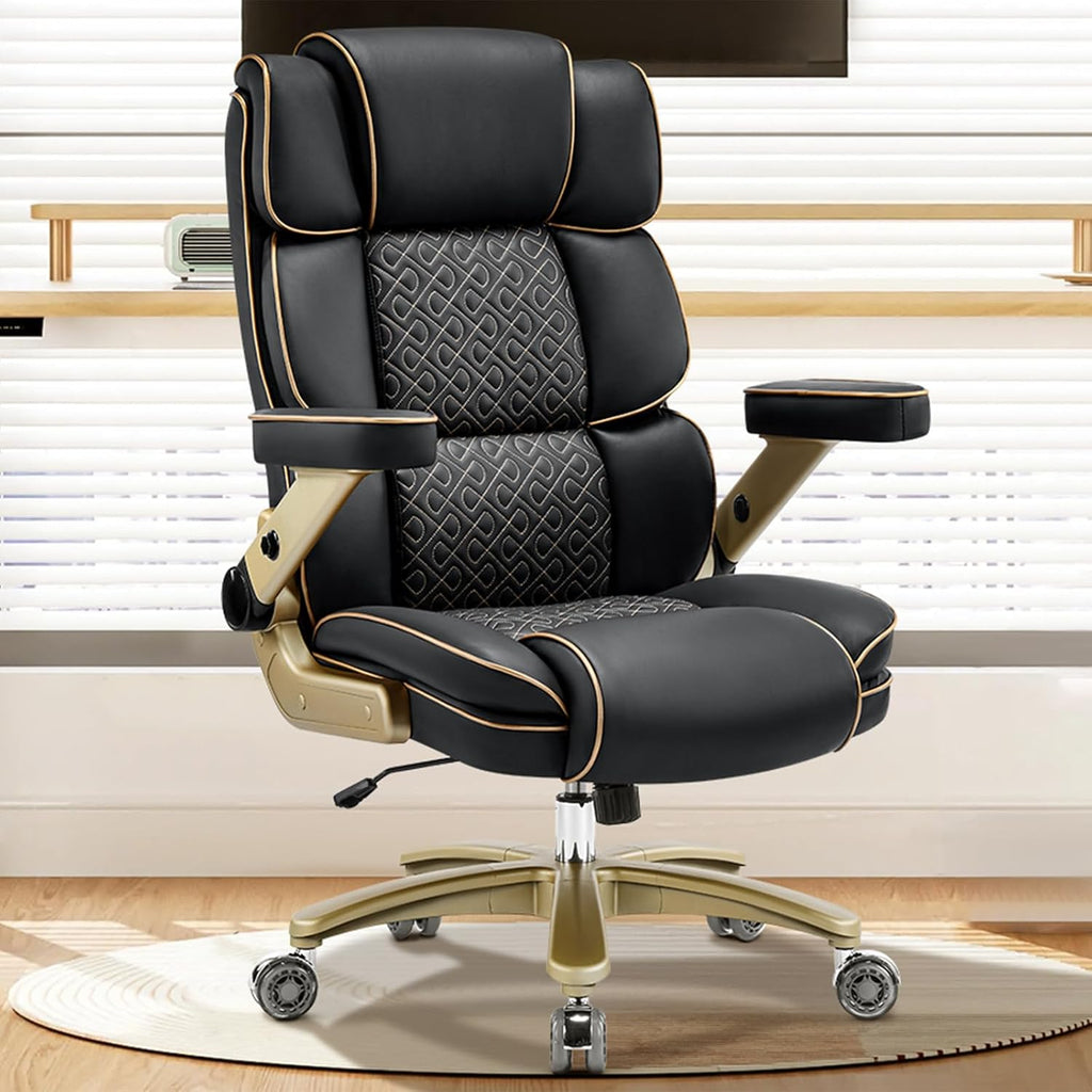 Silla de oficina Big and Tall de 230 kg, sillón ejecutivo ergonómico de piel con asiento cómodo, reposabrazos 5D, soporte lumbar ajustable, respaldo alto, silla giratoria grande para oficina en casa, negro