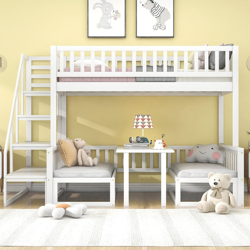 Litera infantil que ahorra espacio, cama alta con escritorio flexible y sofá de madera, cama para niños con escalera y protección anticaídas, 90x200cm + 120x200cm, cama funcional tipo litera, cama alta juvenil, blanco