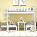 Litera infantil que ahorra espacio, cama alta con escritorio flexible y sofá de madera, cama para niños con escalera y protección anticaídas, 90x200cm + 120x200cm, cama funcional tipo litera, cama alta juvenil, blanco