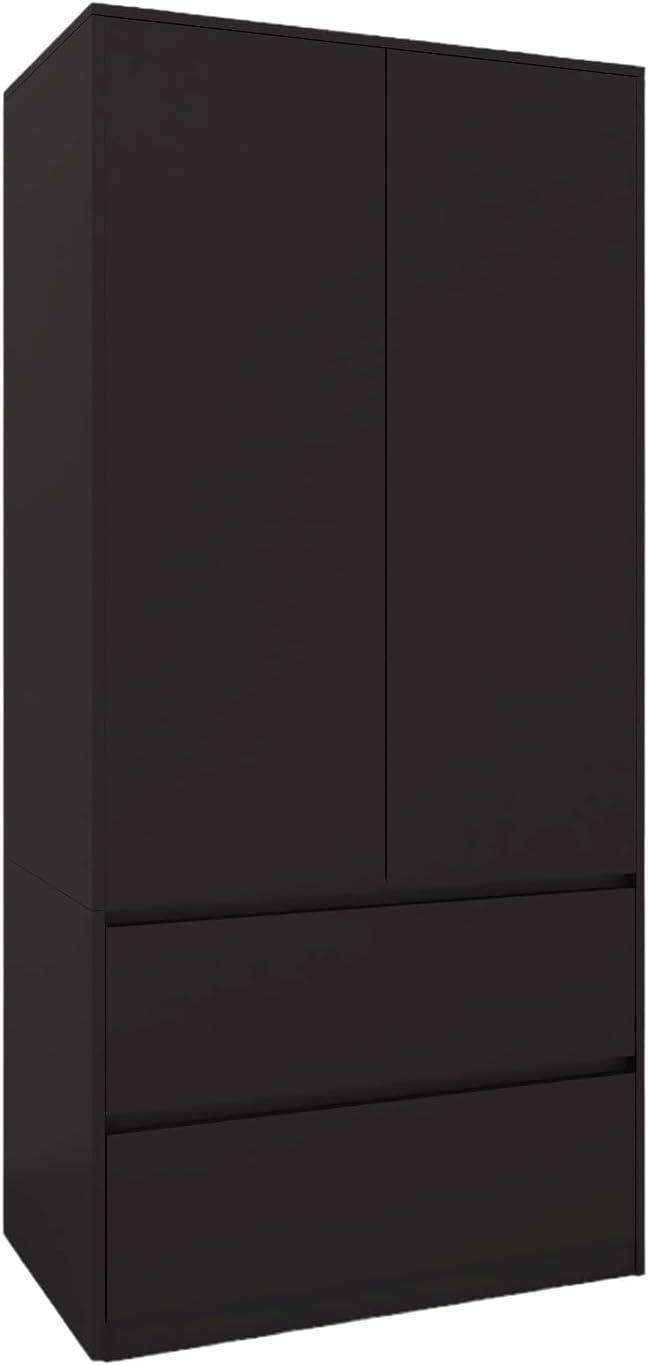 BDW - Armario con cajones - Armario de 90 cm de ancho, 181 cm de alto, 51 cm de fondo - Armario de pasillo de 2 puertas, con barra para ropa y estantes - para dormitorio, niños, pasillo - Negro