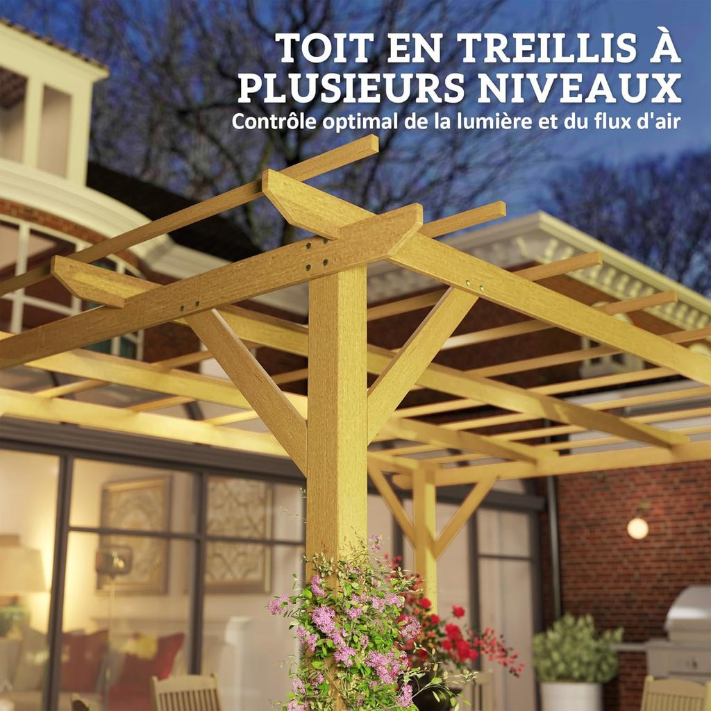 Pérgola de jardín exterior Outsunny 3 x 4 m, pérgola corredera retráctil, pérgola de madera, cenador para plantas trepadoras, flores, rosas, pérgola para terraza, patio, madera natural