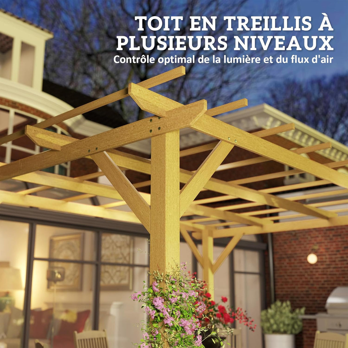 Pérgola de jardín exterior Outsunny 3 x 4 m, pérgola corredera retráctil, pérgola de madera, cenador para plantas trepadoras, flores, rosas, pérgola para terraza, patio, madera natural
