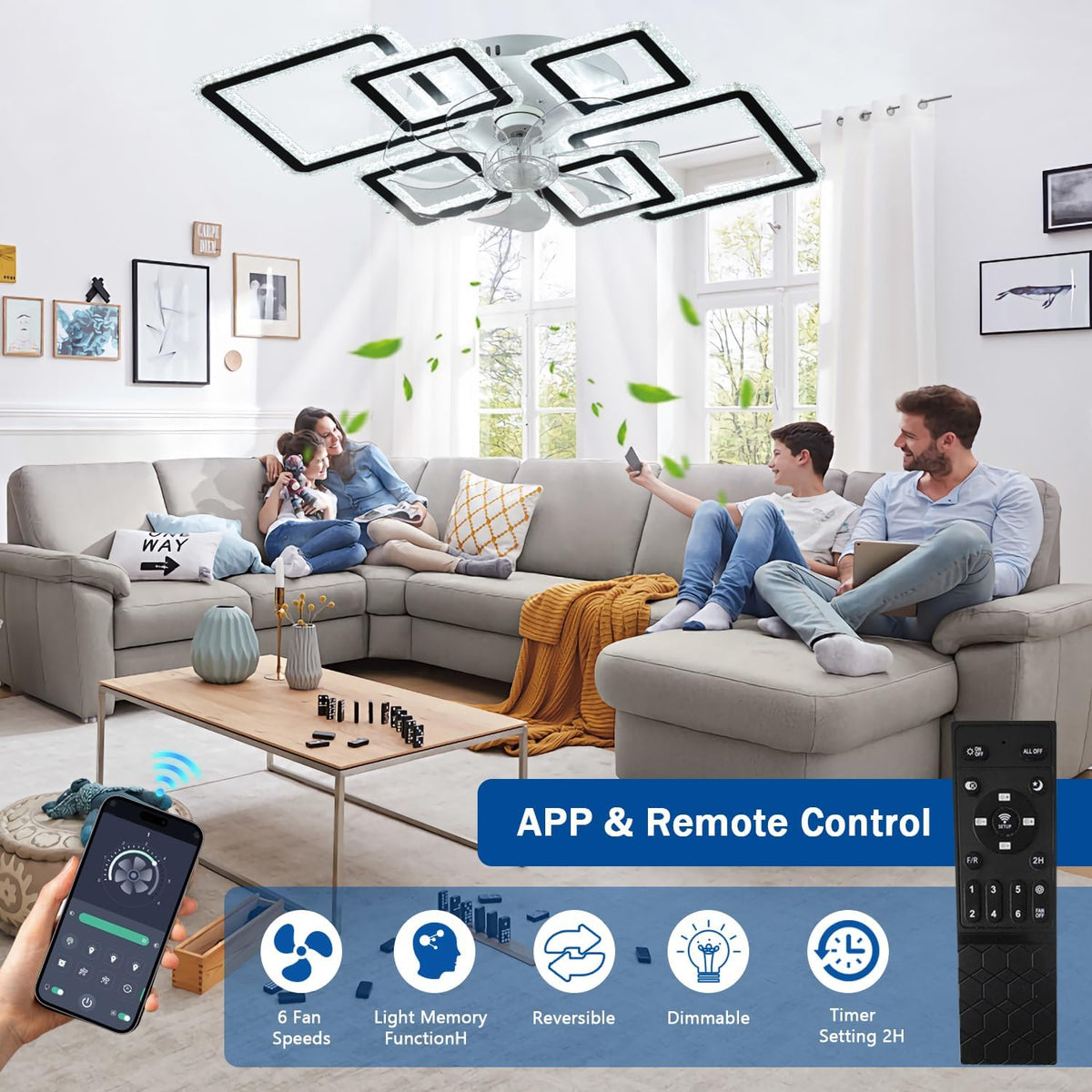 Lámpara con ventilador y mando a distancia, ventilador con luz inteligente moderno de 84 cm, 6 velocidades y LED regulable de 3000k-6500k, ventilador de techo silencioso para dormitorio, sala de estar, comedor, despacho, negro