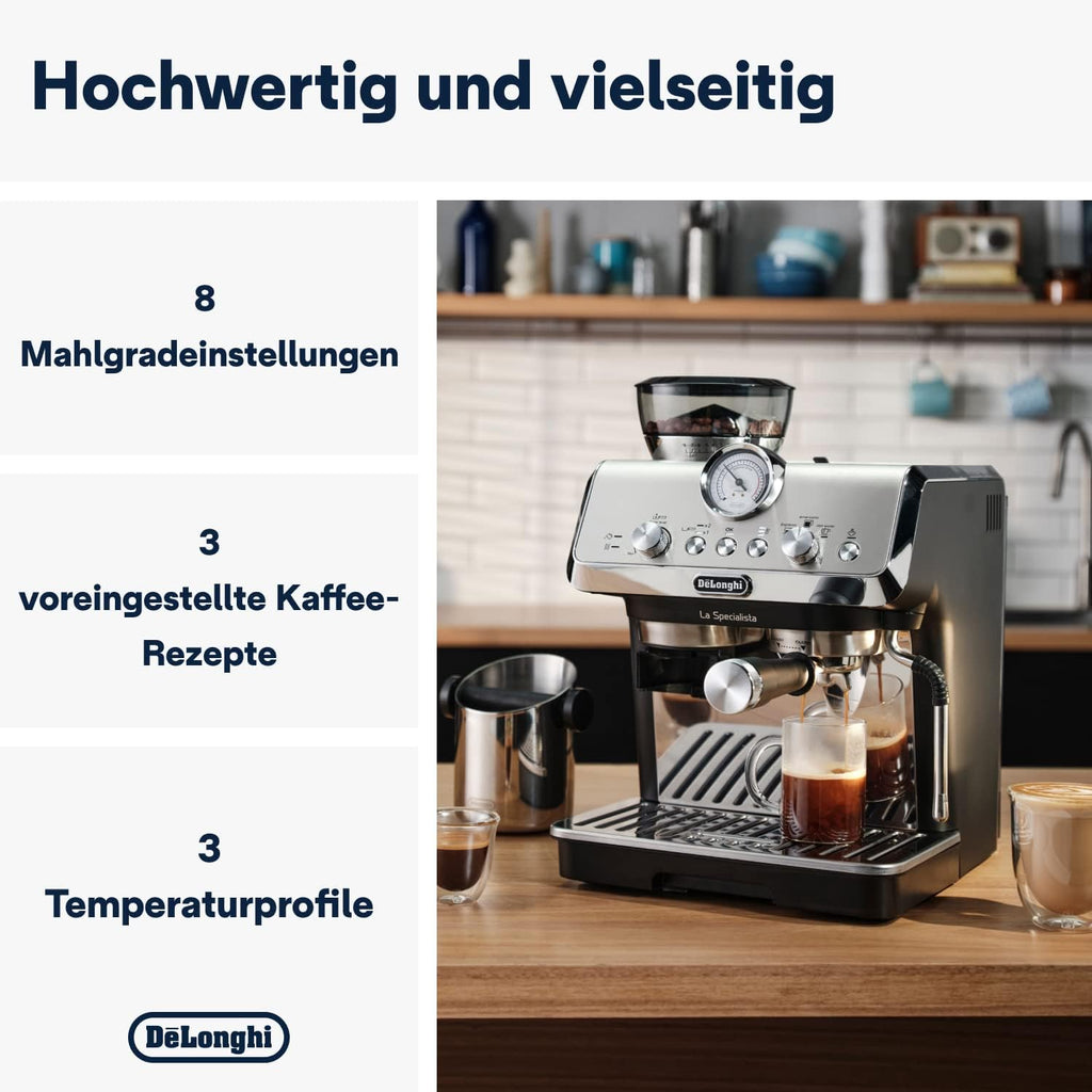 Cafetera espresso De'Longhi La Specialista Arte EC9155.MB con portafiltro y molinillo, 8 niveles de molienda, 15 bares, 3 niveles de temperatura, boquilla para espuma de leche, 1300 W, depósito de 1,5 l, acero inoxidable/negro, incluye kit de barista