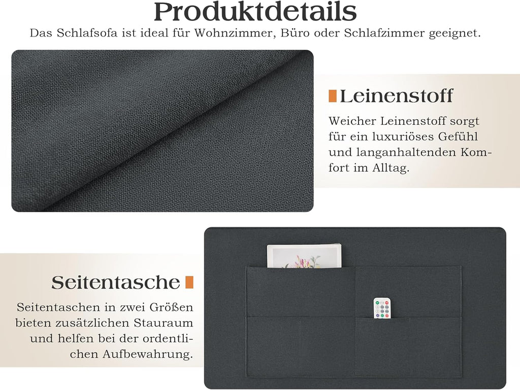 Sofá cama LUXOAK 186 x 122 cm con respaldo ajustable en 5 niveles, sofá cama 3 en 1 con cojines y bolsillo lateral, sofá de lino gris para habitación de invitados y espacios pequeños