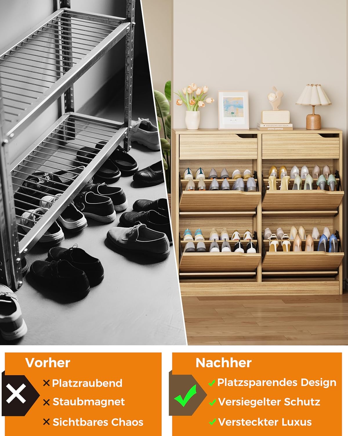 Zapatero IRONCK con 4 puertas abatibles, mueble zapatero estrecho con 2 cajones, estante para zapatos independiente, zapatero tipo cómoda con divisores ajustables, armario zapatero para recibidor, entrada y salón (madera)