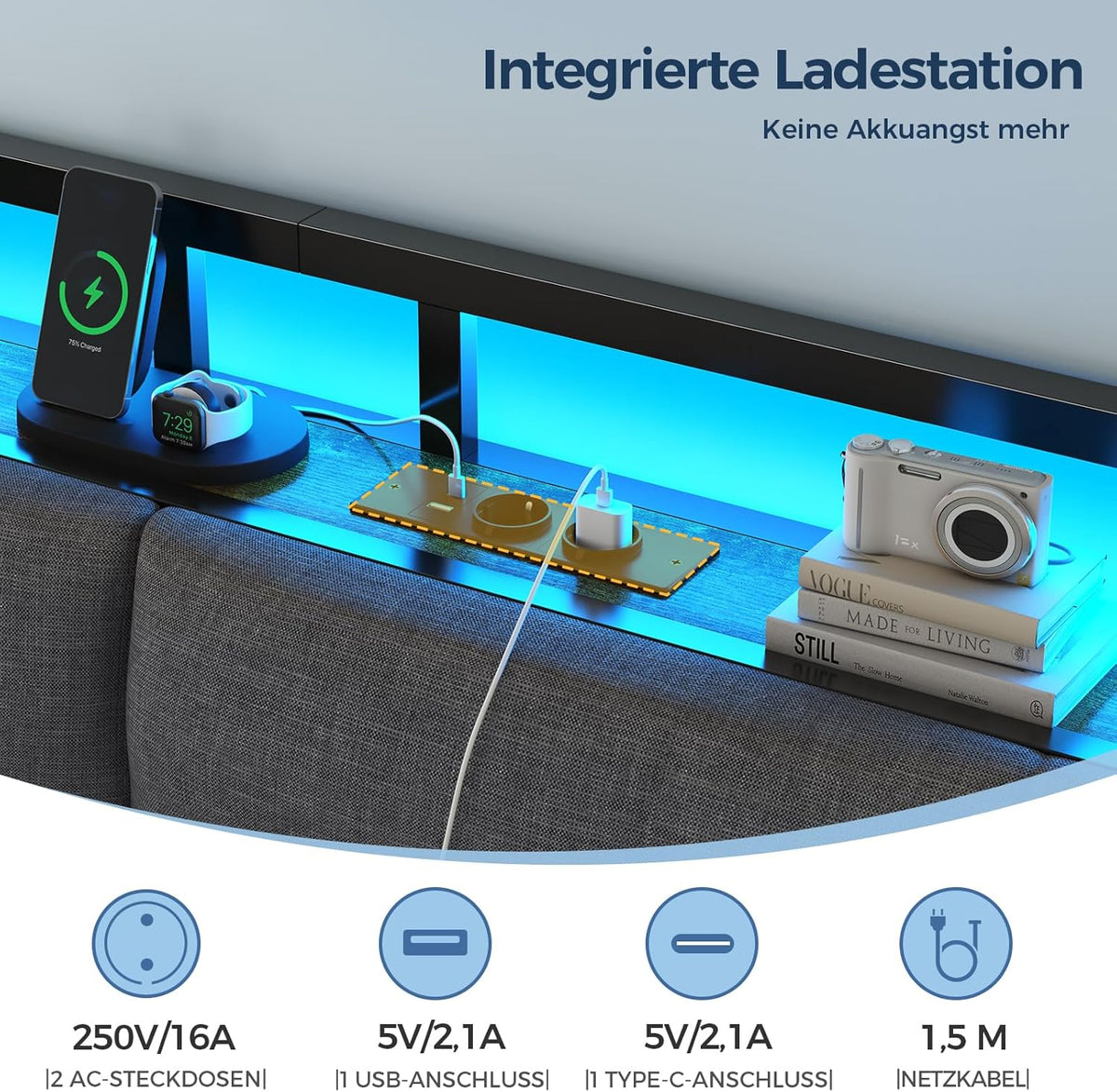 Sofá cama Brinlawb con cama nido, diván de 90x200 (180x200) cm, diván extraíble con iluminación LED y estación de carga (2 tomas de corriente CA, 2 puertos USB), cama individual y cama doble, cama de invitados