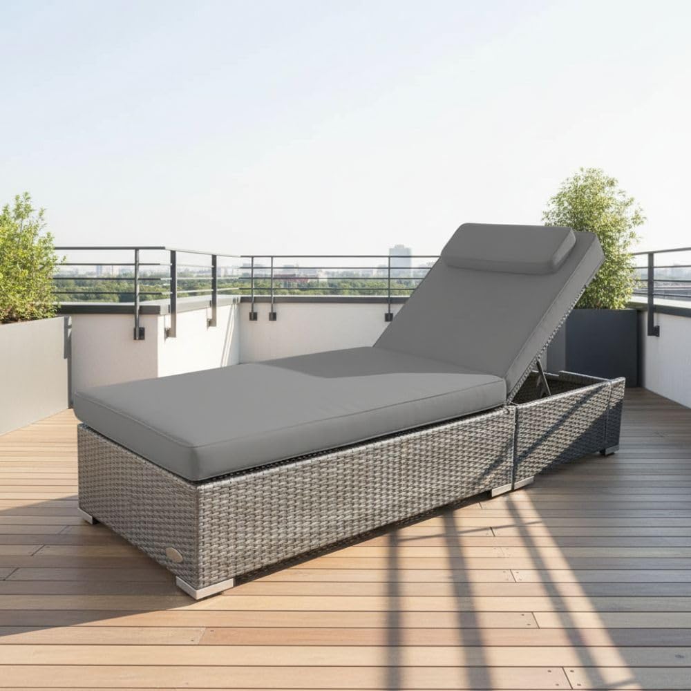 Tumbona de jardín RS Trade resistente a la intemperie de ratán sintético con ruedas – Tumbona de exterior de ratán con respaldo ajustable en varias posiciones para jardín, terraza, balcón y piscina, gris con cojín gris