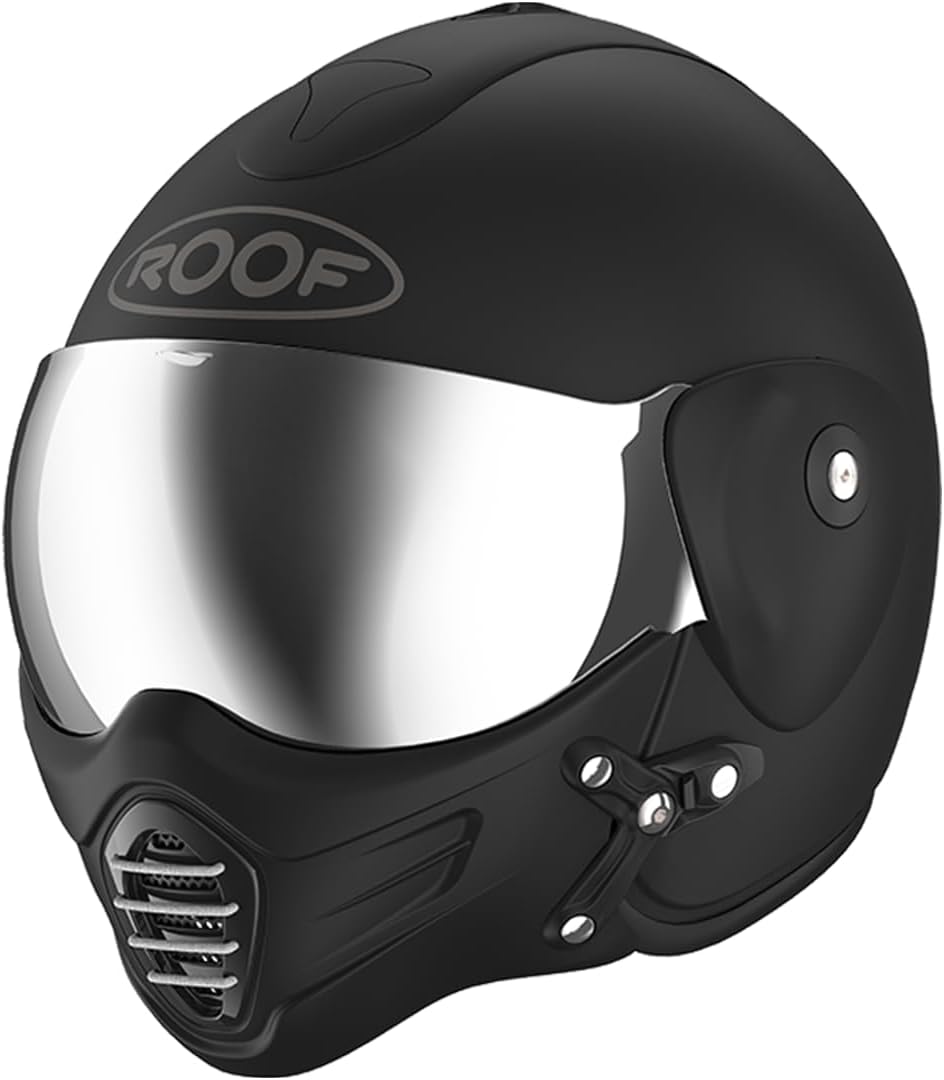 Casco de moto tipo jet de alta gama ROOF Roadster de fibra de vidrio con mentonera magnética extraíble, pantalla iridio incluida – Color Iron negro mate/plata – Oferta directa de fábrica – Garantía de 4 años