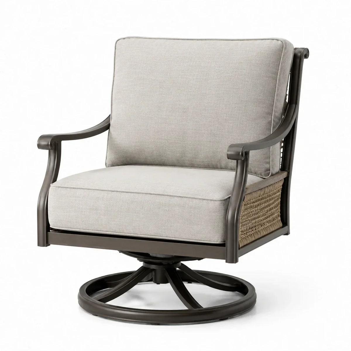 Sillón giratorio de aluminio con polirratán y cojín de poliéster gris/marrón