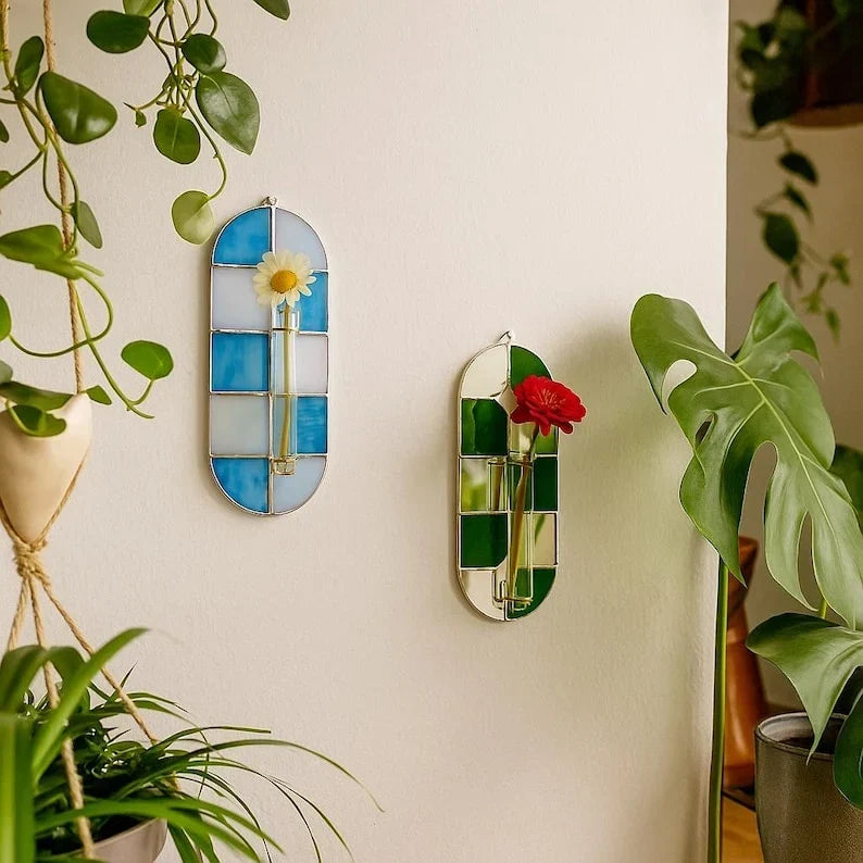 Florero de pared con tubo de ensayo, vidrio de colores, azul turquesa y blanco ópalo, Colección Funky, estación de propagación