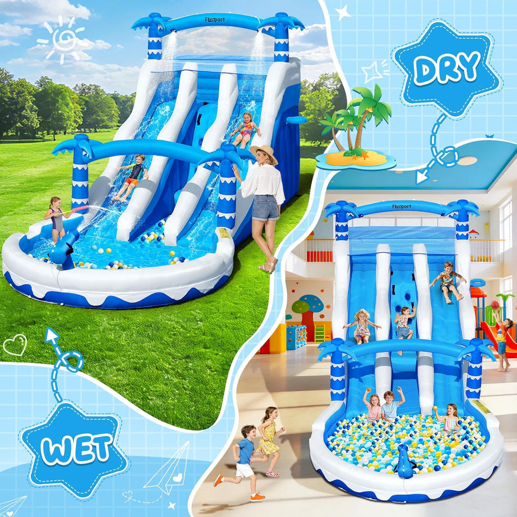 Castillo hinchable XXL con 2 toboganes de agua para uso comercial, adultos y niños, hinchable para interior y exterior con soplador, piscina, tobogán, canasta, sistema de aspersores y pared de escalada, 630x290x285 cm