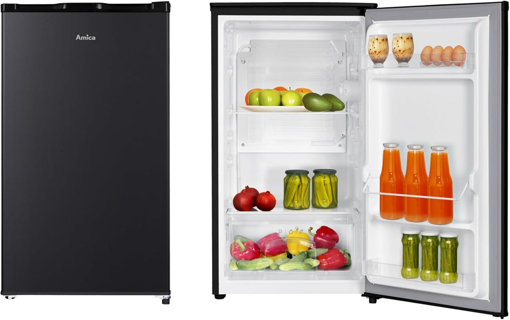 Frigorífico de una puerta Amica de libre instalación, 85x47,5x44,5 cm, 90 L, compresor inverter, iluminación LED, cajón para verduras, estantes en la puerta, AVK 3510 SW - Negro