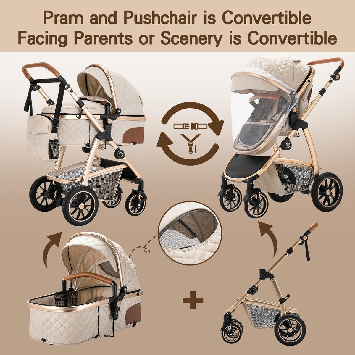 Cochecito 3 en 1 Gcarebb, silla de paseo con portabebés, cochecito completo con altura ajustable, cochecito combinado con marco de aluminio para recién nacidos de 0 a 4 años