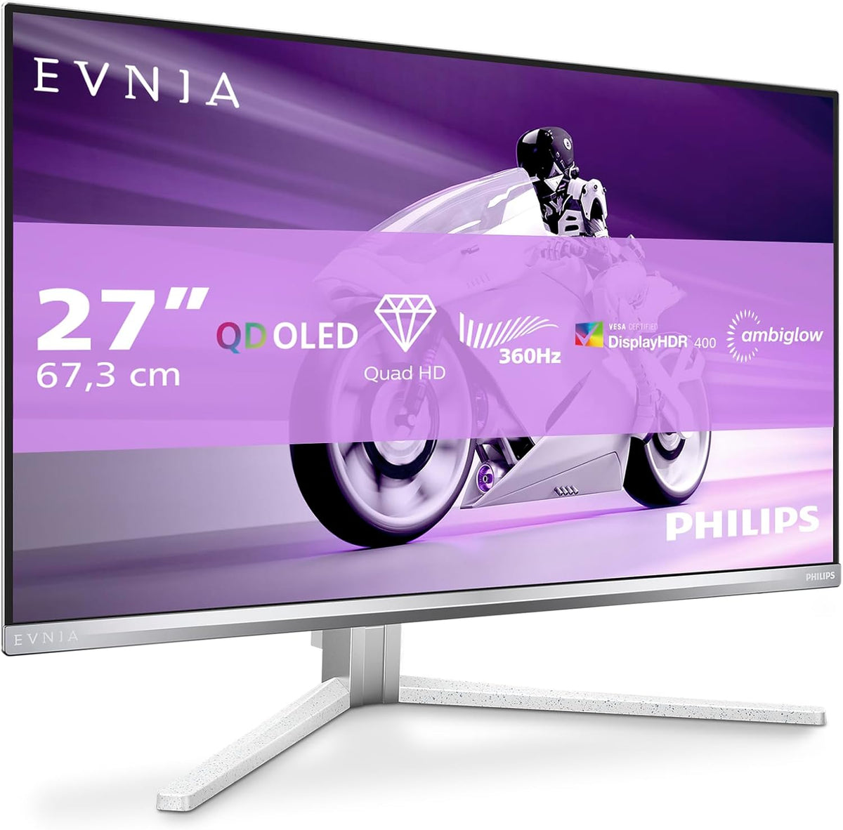 Philips Evnia 27M2N8500 - Monitor gaming OLED QHD de 27 pulgadas, 360 Hz, 0,03 ms, HDR400, Ambiglow, FreeSync Prem., compatible con G-Sync. (2560x1440, 2X HDMI 2.1, 1x DP 1.4, hub USB) Blanco