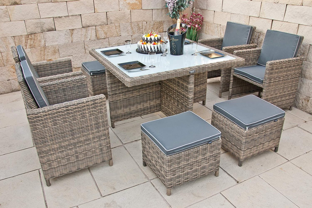 Ragnarök PolyRattan - Marca ALEMANA - Producción PROPIA - 8 años de garantía - Muebles de jardín, conjunto de comedor, mesa, 4 sillas, taburetes, 12 cojines, gris, aluminio inoxidable, natural, comedor, cubo, cristal