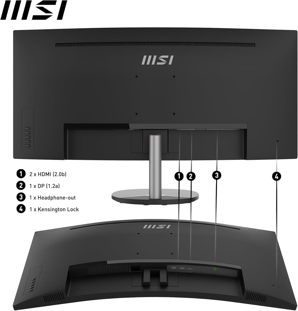 Monitor de oficina curvo MSI Pro MP341CQ de 34" UWQHD - Panel VA 1500R, 3440x1440, 100Hz, Confort ocular, sRGB 116%, HDR Ready, Altavoces integrados, Inclinación ajustable - HDMI, DisplayPort