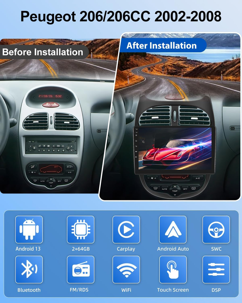 Autorradio Android NHOPEEW 2G+64G para Peugeot 206/206CC 2002-2008 - Carplay inalámbrico y Android Auto - Autorradio Carplay de 9 pulgadas con WiFi, ecualizador, GPS, FM, RDS + cámara de visión trasera AHD