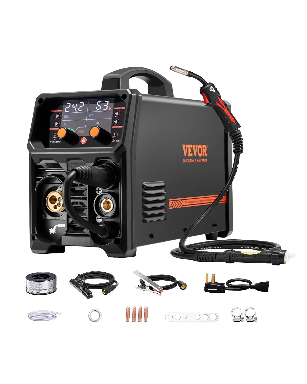 VEVOR Spawarka MIG, 200 A, spawarka synergiczna, przenośna spawarka wieloprocesowa MIG bezgazowa MMA Lift TIG 4 w 1, wydajny spawacz z technologią inwertera IGBT, wyświetlacz LCD