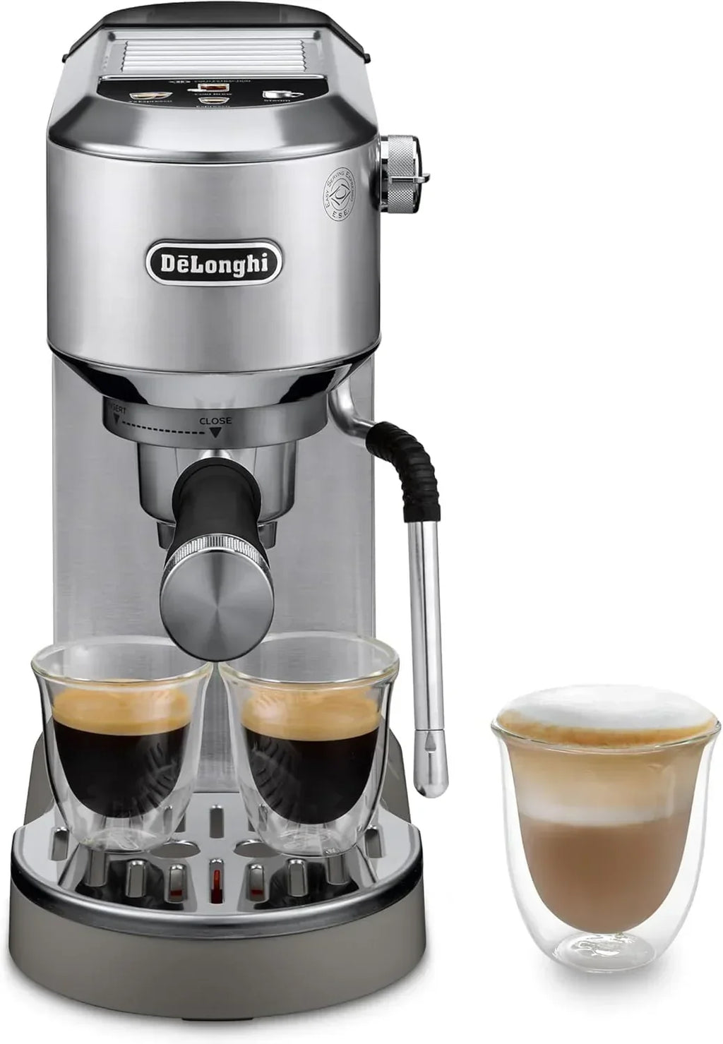 De'Longhi Dedica – Cafetera de bomba de acero inoxidable para café molido o monodosis, espresso y capuchino, depósito de 1,3 litros, sistema antigoteo, modelo EC685.M, color metal