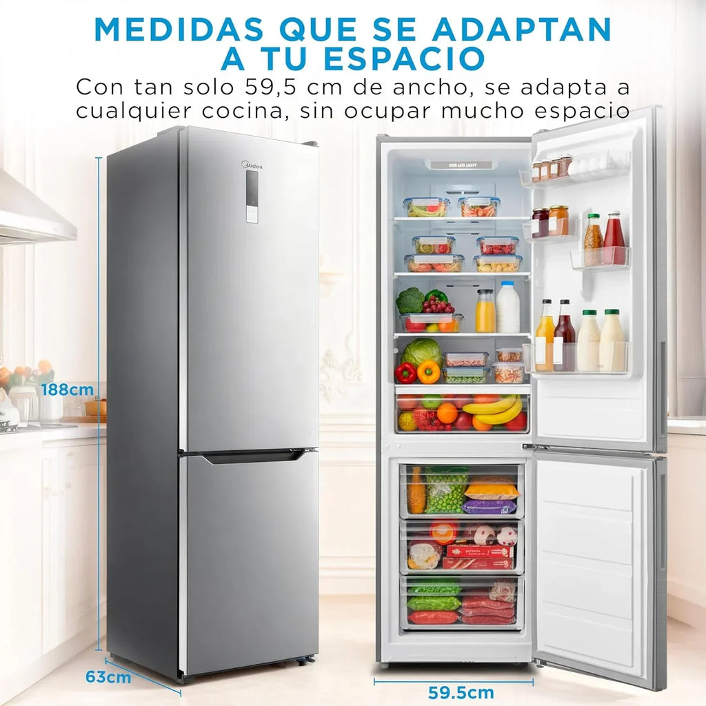Frigorífico Combi No Frost Midea | 60 cm de ancho x 188 cm de alto | Inox | Nevera de libre instalación, 224 L + 86 L de congelador - Refrigerador de bajo consumo con congelador vertical