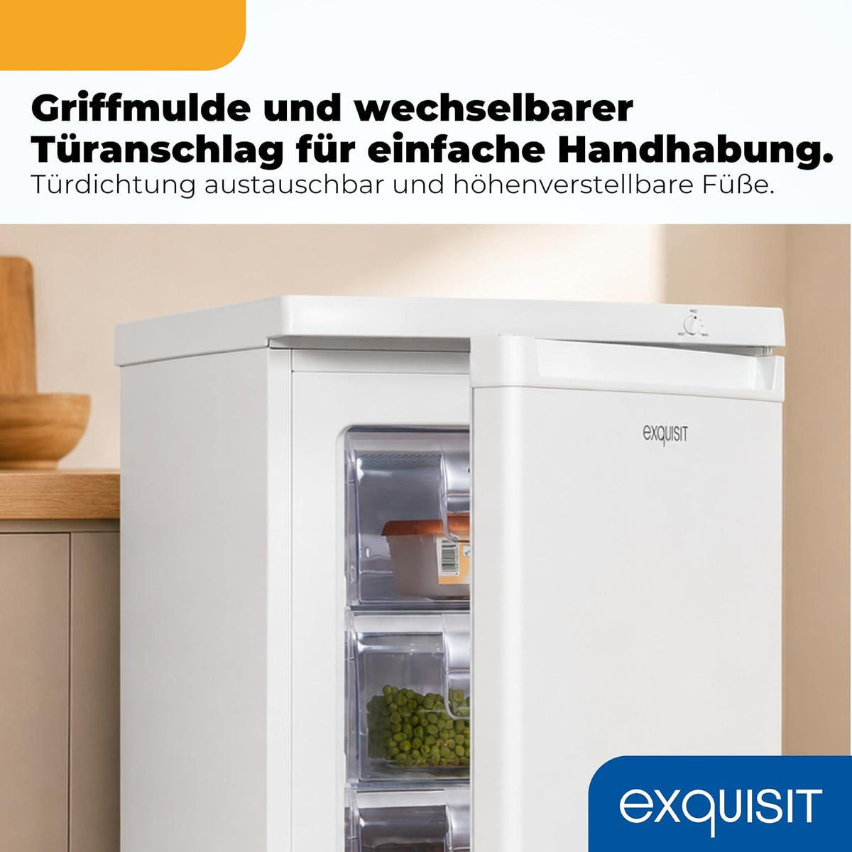 Congelador Exquisit | 91 l de capacidad útil, clase de eficiencia energética E, 40 dB(A) | diseño compacto, congelación de 4 estrellas, control manual de temperatura, puerta reversible | GS512-040E blanco
