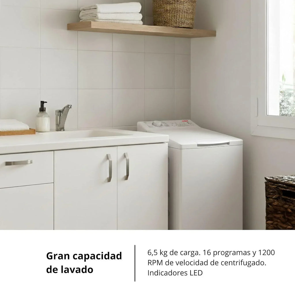 Corberó - Lavadora de carga superior 6.5kg | CLACSM6524 | 1200 RPM | 16 programas, función vapor, ECO, limpieza de tambor | Inicio diferido | Lavado rápido | Planchado fácil | Indicadores LED | Blanco