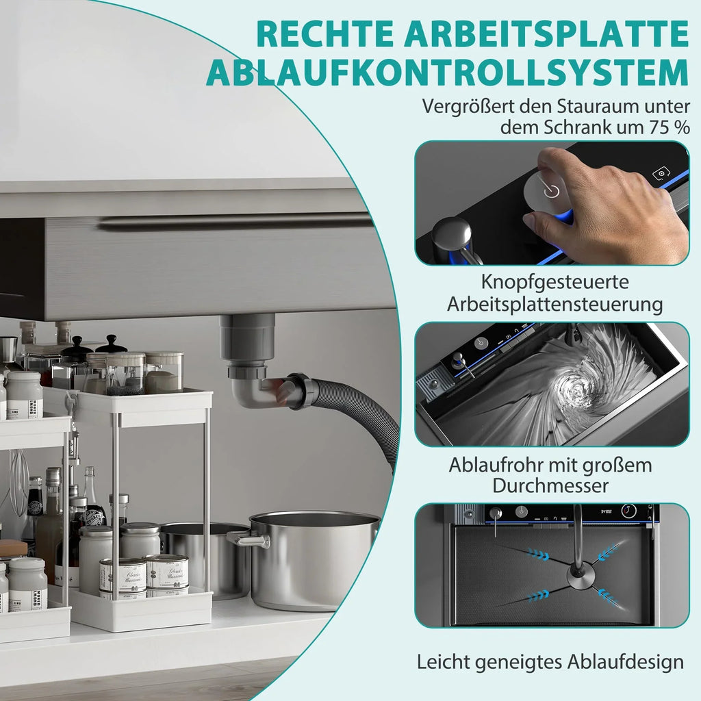 Fregadero de cocina de acero inoxidable 80 x 45 x 22 cm, cubeta individual con indicador de temperatura LED, grifo tipo cascada extraíble y kit de desagüe