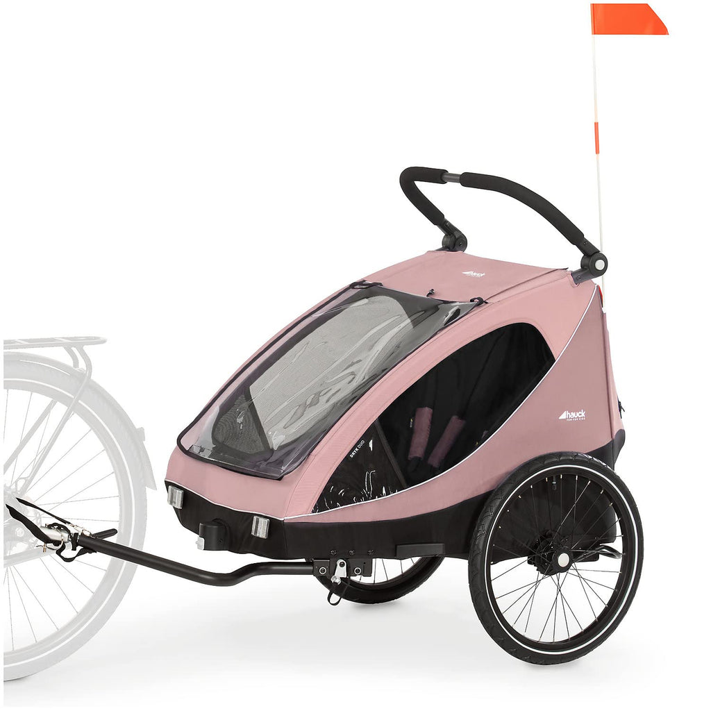 hauck Remolque de bicicleta y cochecito Dryk Duo Plus con suspensión, para 2 niños (6-48 meses), incluye barra de tiro, rueda de cochecito, bandera y luz LED, plegable, altura ajustable, maletero XL (verde oscuro)