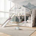 Cama alta infantil Mrwoo de 90 x 200 cm con diseño de casa del árbol, litera para niños estilo ventana con tobogán y protección anticaídas, escalera con almacenaje integrado, somier, blanco (sin colchón)
