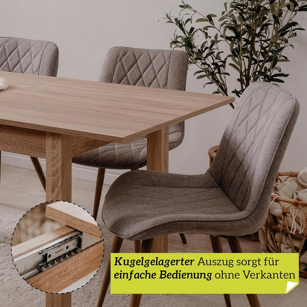 Mesa de comedor inteligente de 90x60 cm en roble, mesa de cocina extensible hasta 130 cm, mesa de comedor de madera contrachapada incl. placa de extensión, mesa moderna para hasta 6 personas