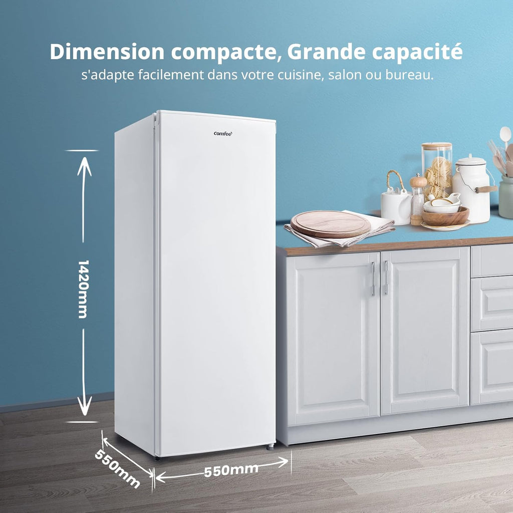 Congelador Vertical COMFEE' RCU160WH2(E) 160L - Altura 142cm - 183kWh/año - Puerta Reversible - Silencioso 42dB - Termostato Ajustable - Patas Regulables - Blanco