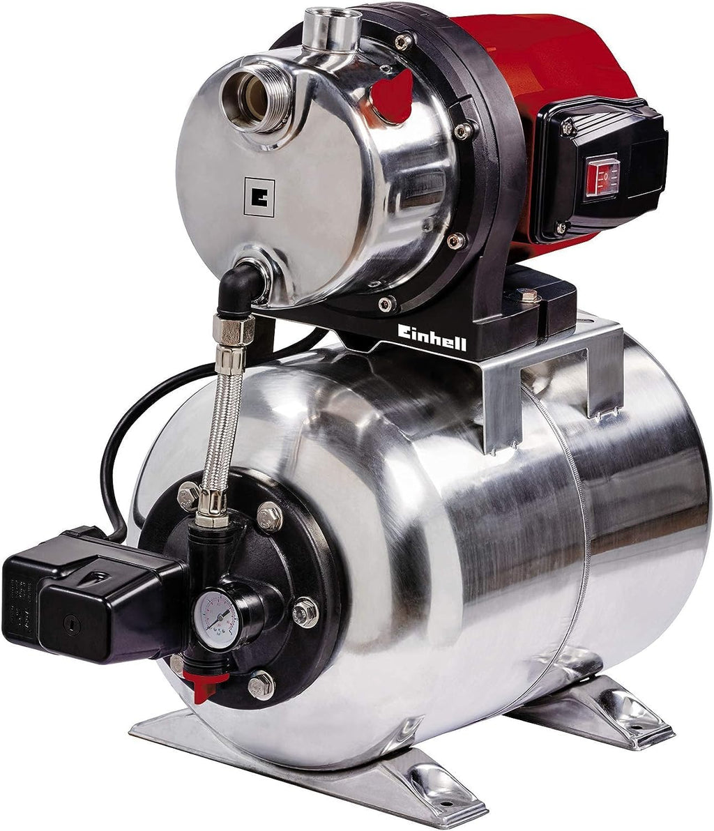 Sistema de abastecimiento de agua doméstico Einhell GC-WW 1250 NN (1200 W, máx. 5 bar, caudal máx. 5000 l/h, altura de elevación máx. 50 m, motor sin mantenimiento, tornillo de purga de agua, depósito de presión de acero inoxidable de 20 l)