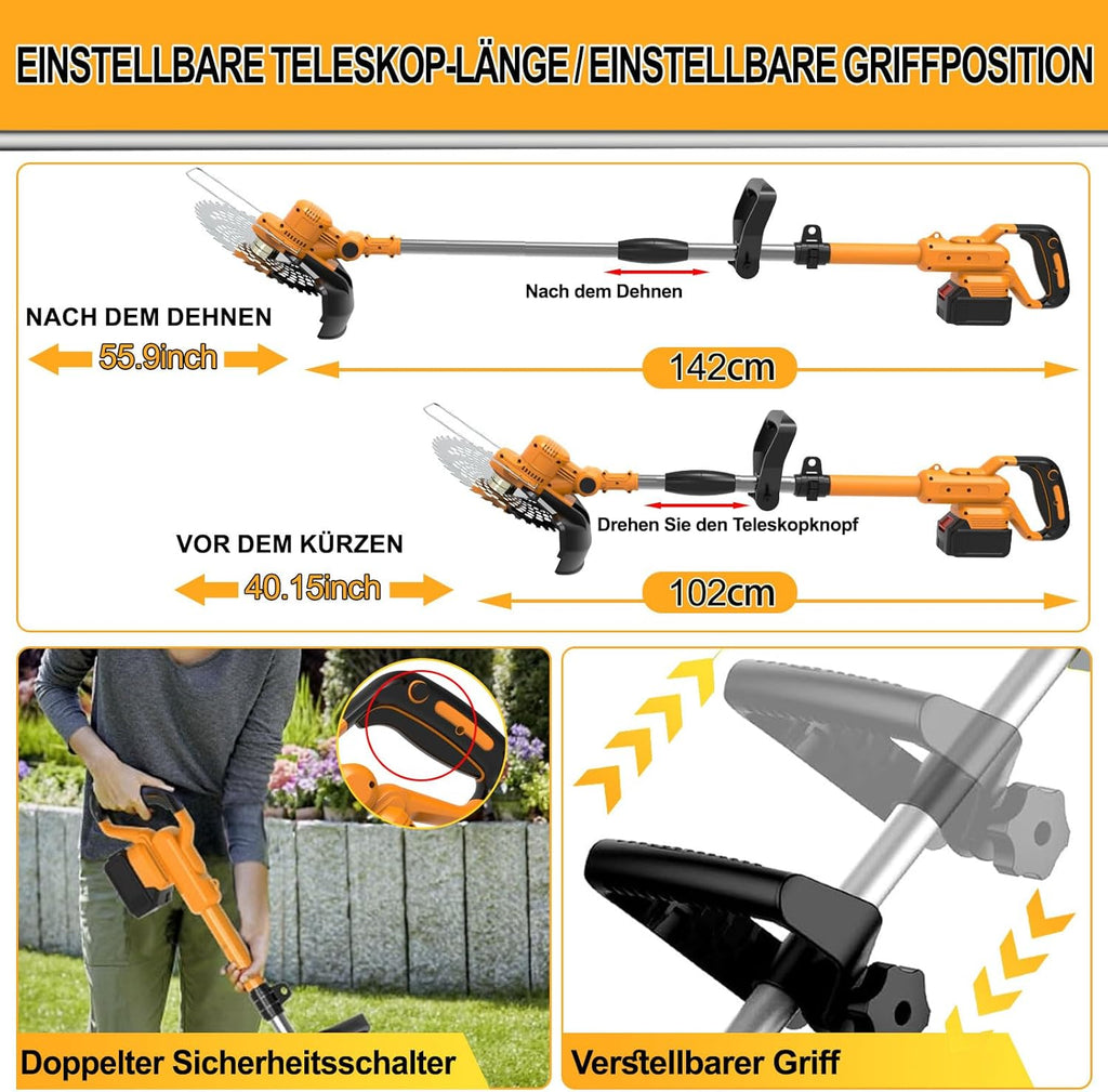Cortacésped inalámbrico con batería y cepillo para malas hierbas 4 en 1, desbrozadora con cepillo para malas hierbas, desbrozadora sin escobillas de 21 V, cortacésped eléctrico con 2 baterías de 4.0 Ah, cargador, telescópico, ajustable, naranja