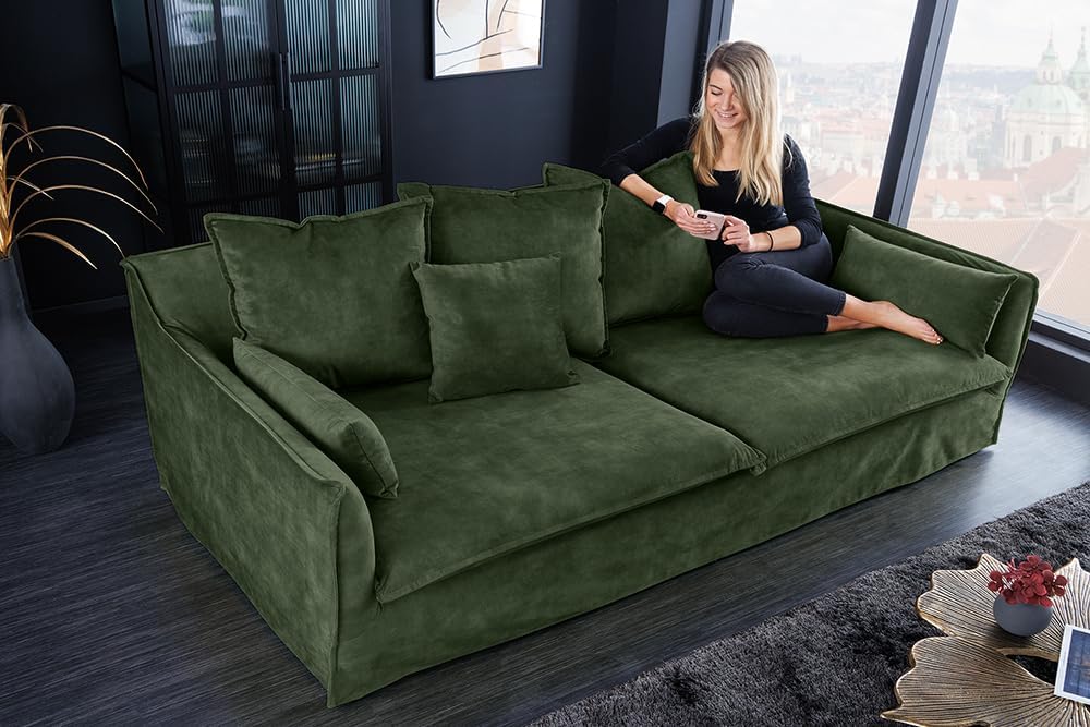 Riess Ambiente Sofá grande de 3 plazas Heaven 200 cm, terciopelo verde oscuro, funda lavable, sofá con funda, sofá esquinero, sofá de terciopelo