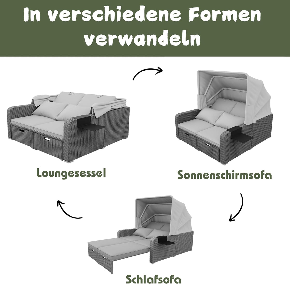 Sofá lounge de ratán sintético, sofá de jardín de dos plazas con función reclinable, tumbona de jardín con toldo extraíble, sofá lounge tipo cama de día con cojines, gris