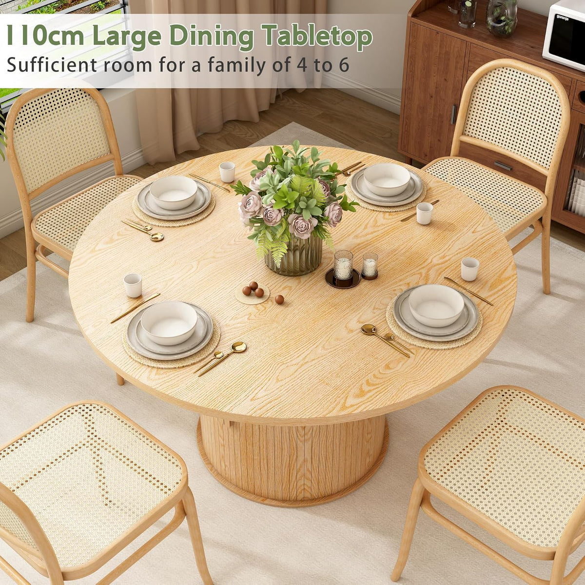 Mesa de comedor redonda de 110 cm con espacio de almacenamiento, mesa de cocina con estructura de metal estable, mesas de comedor modernas y redondas para 2-4 personas para comedor, cocina, oficina en casa (color roble claro)