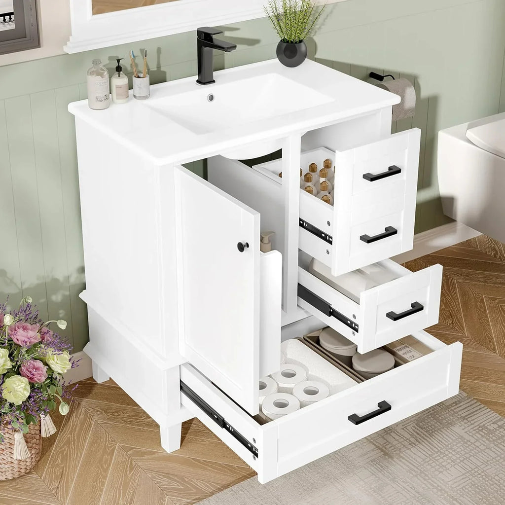 Moimhear Mueble de baño de pie, lavabo, totalmente lacado, tres cajones de cierre suave, lavabo de cerámica integrado (blanco, 76 x 46 x 83,5 cm)