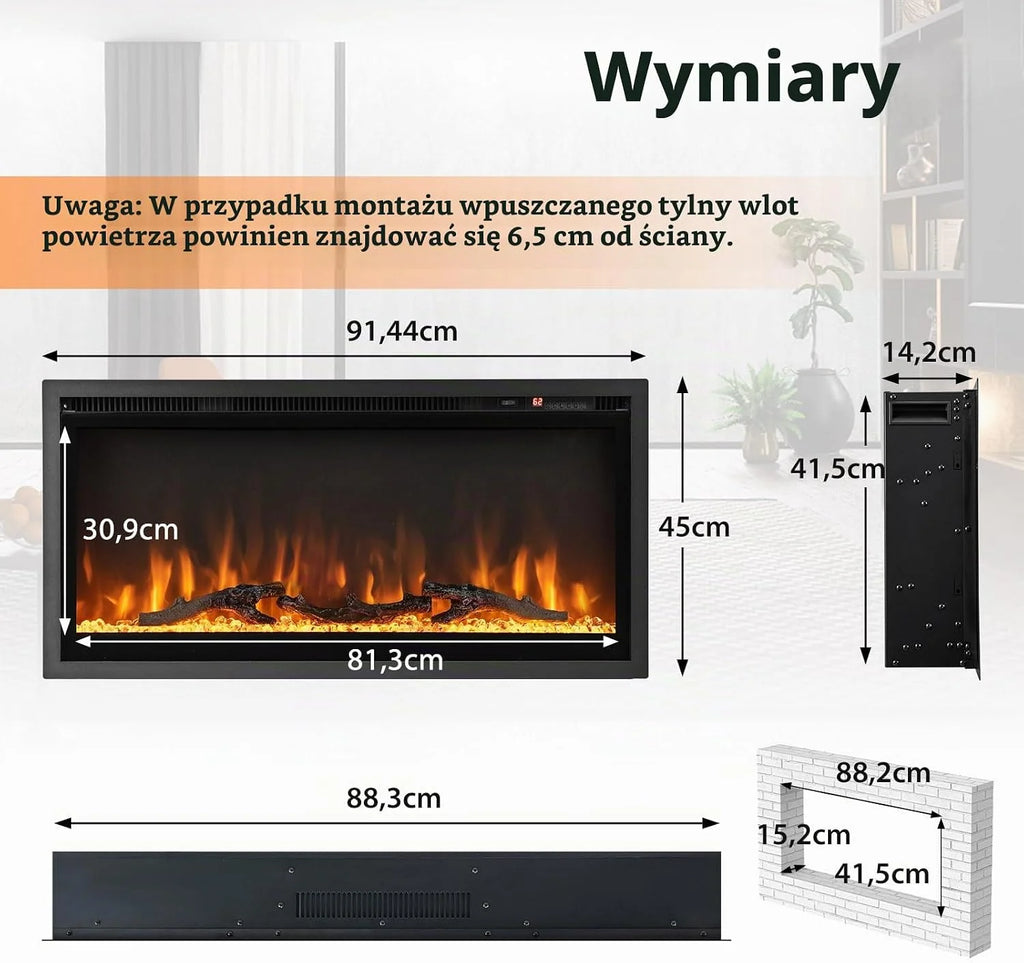 GOPLUS 91 cm kominek elektryczny, elektryczny kominek ścienny z pilotem i ekranem dotykowym, kominek ścienny z 9 kolorami efektów płomieni i 5 ustawialnymi poziomami jasności, 750 W/1500 W funkcja