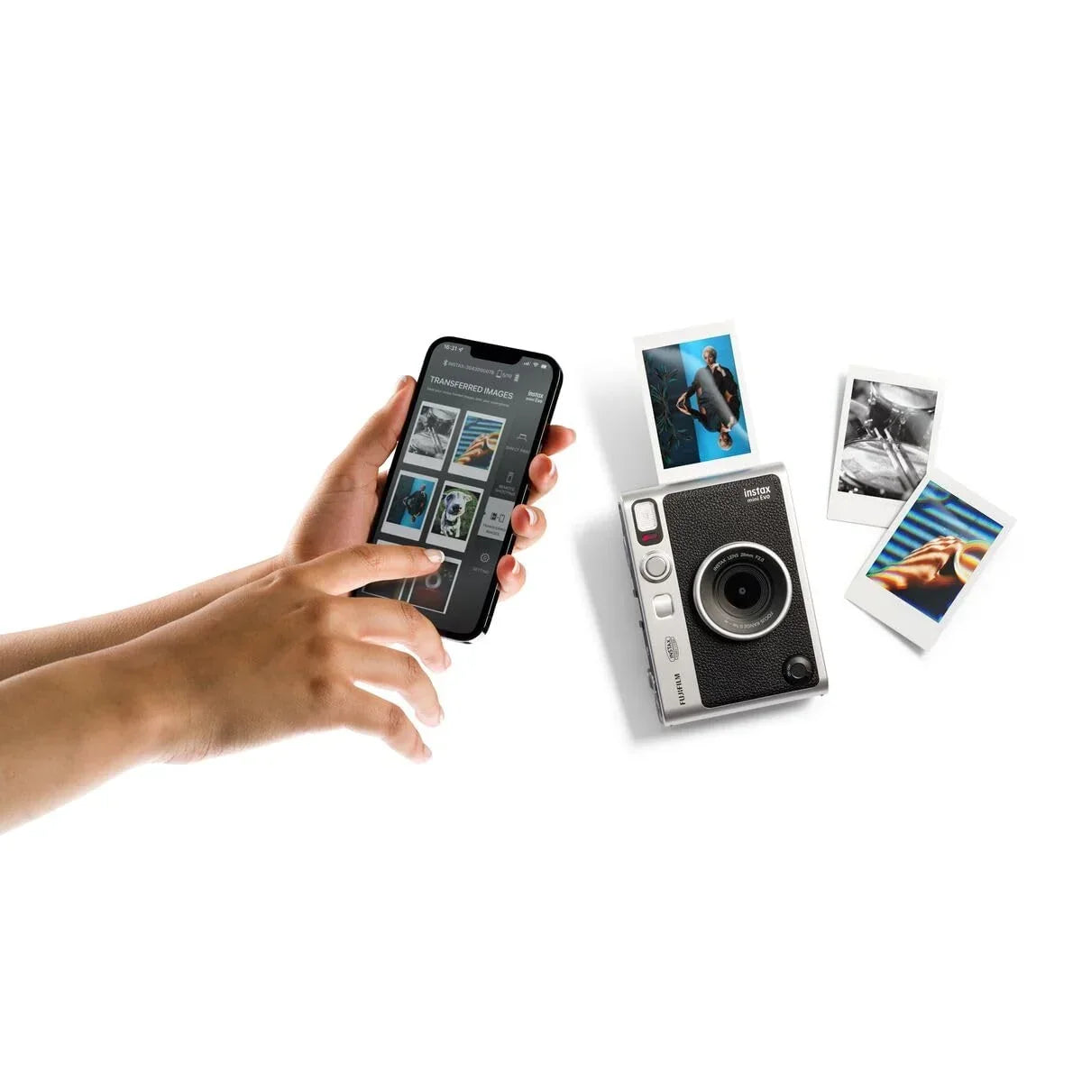 Cámara instantánea híbrida INSTAX Mini EVO negra con pantalla LCD, carga USB-C y múltiples efectos de lente