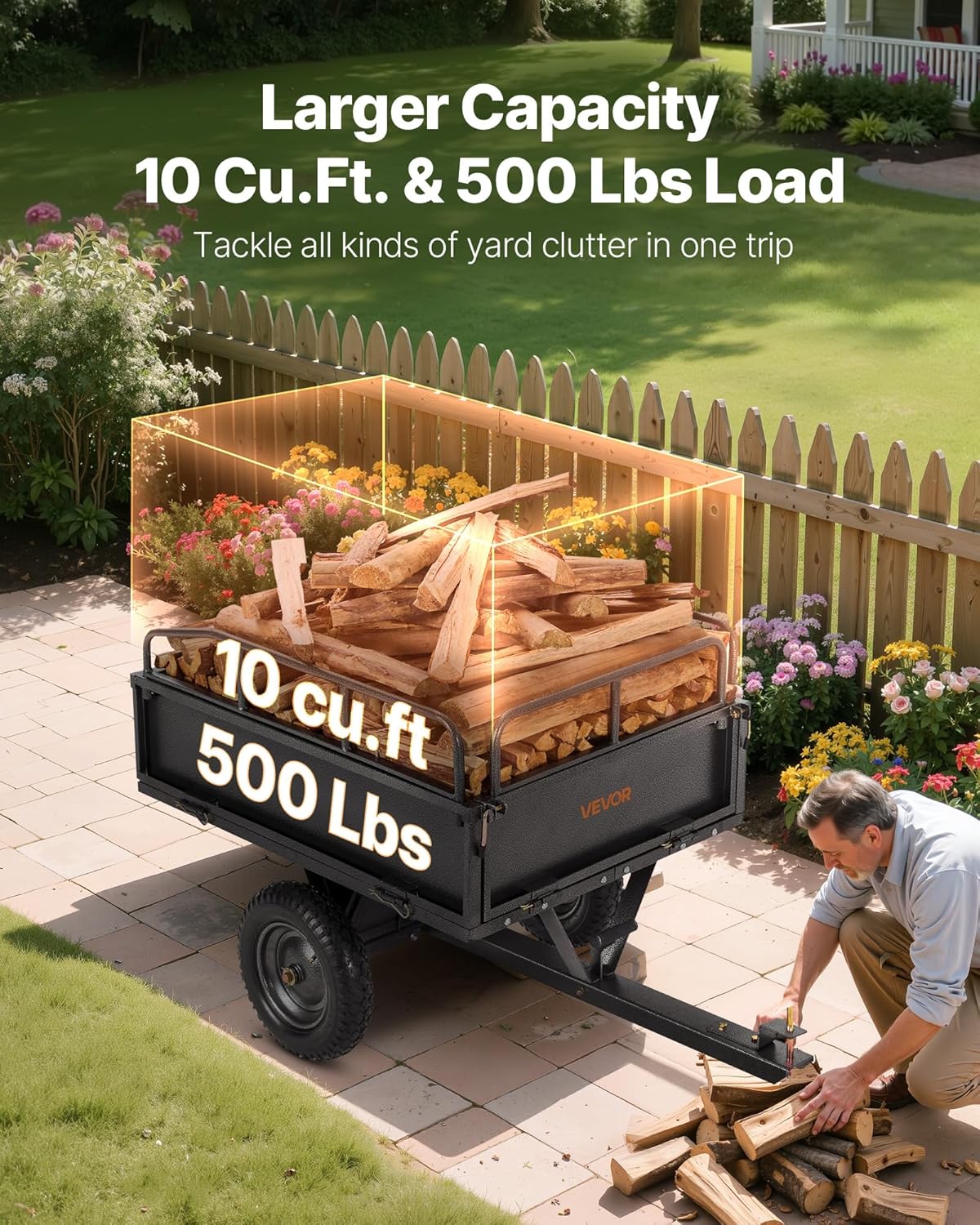 VEVOR Remolque Basculante, 283 L, Remolque de Jardín de Acero para Tractor Cortacésped, Capacidad de Carga 226,8 kg, con Neumáticos de 35,56 cm, Carrito de Transporte con Volquete para ATV, UTV