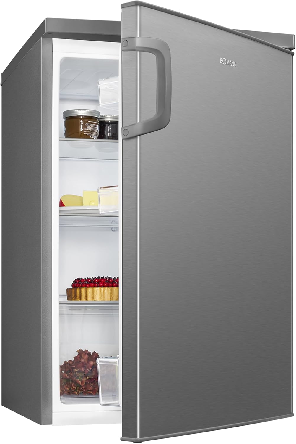 Refrigerador Bomann® sin congelador | Clase energética D | 85cm | silencioso 39dB | 3 estantes | puerta reversible | 133L | frigorífico pequeño con cajón para verduras | frigorífico estándar | VS 2195.1 inox