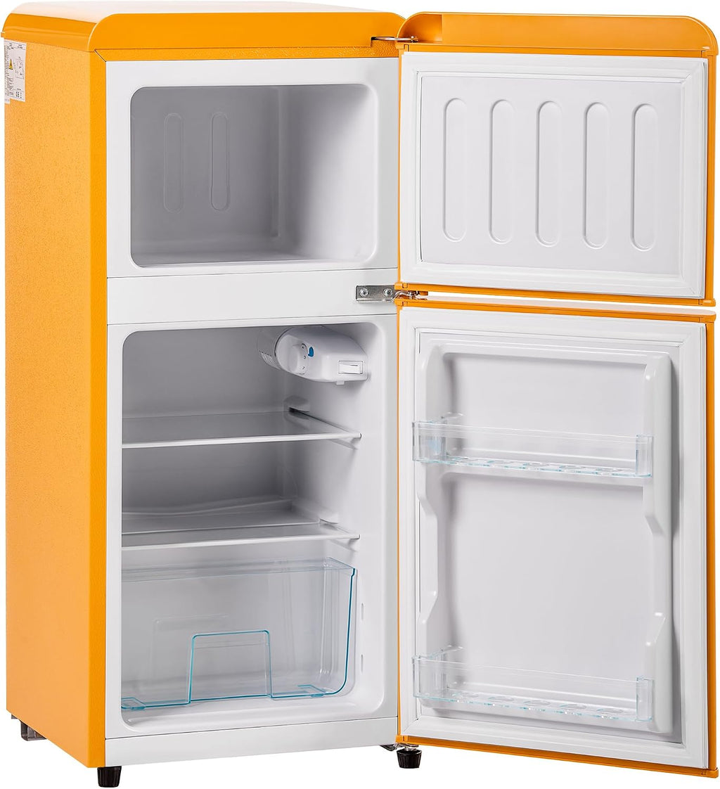 Frigorífico retro DRIXNO. Combinado con congelador. 86,8 cm de alto, 45,5 cm de ancho, dos puertas, con 60 litros de volumen total, 22 litros de volumen de congelación. 163 kWh/año, -27 °C ∽ 13 °C, luz LED