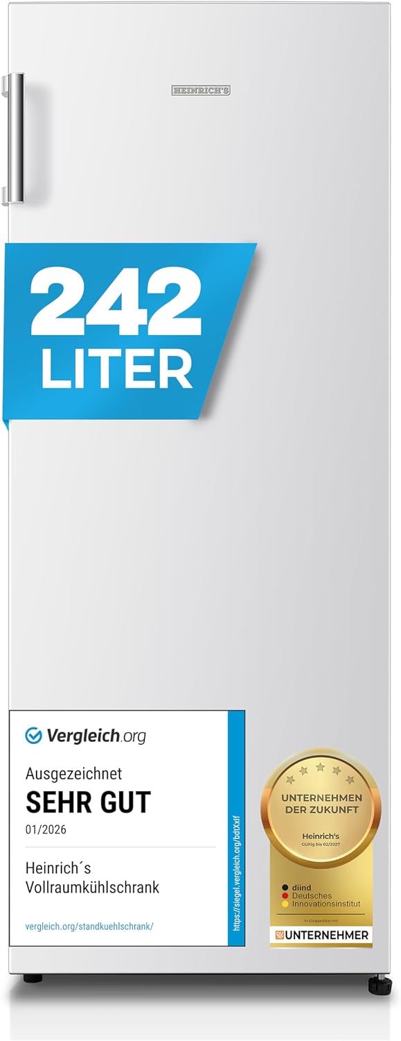 Frigorífico independiente Heinrich's de 242 l, nevera sin congelador, XXL, frigorífico de una puerta, iluminación LED, frigorífico de libre instalación con 5 estantes de cristal, bisagra de puerta reversible, silencioso 40 dB, (blanco)