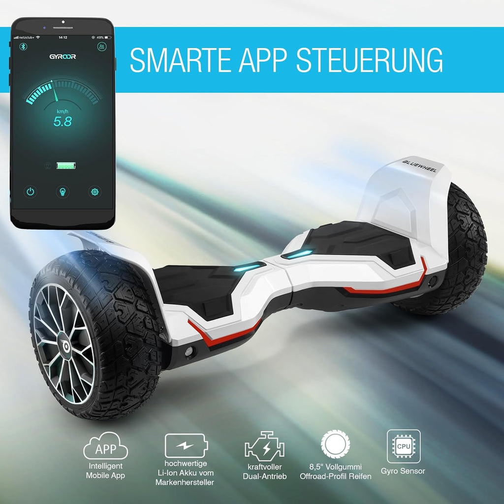 Hoverboard todoterreno premium de 8.5" Bluewheel HX510 SUV, marca de calidad alemana - Modo de seguridad para niños y aplicación - Bluetooth - Potente motor dual - Patinete eléctrico autoequilibrado